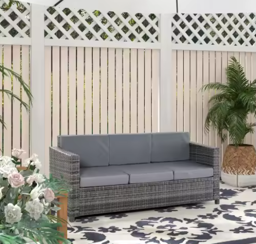 3-zits Tuinloungebank met Kussen – Grijs, Metaal en Polyester, 185 x 70 x 80 cm, Ideaal voor Terras en Balkon