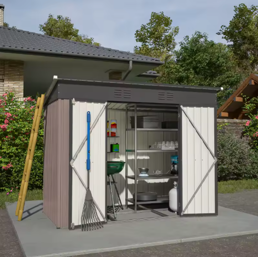 Bruine Weerbestendige Tuinschuur – Gegalvaniseerd Staal, Waterdicht en Roestvrij, Inclusief Metalen Basis, Geschikt voor Buiten, 8x4 FT