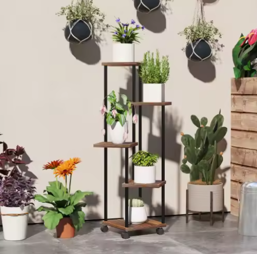Plantenstandaard op Wielen – 5-Laags Stalen Bloemenrek met Houten Legplanken, 110 cm Hoog