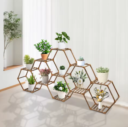 Zeshoekige Houten Plantenstandaard – 11-Laags Displayrek voor Binnen & Buiten, 231x25x97 cm