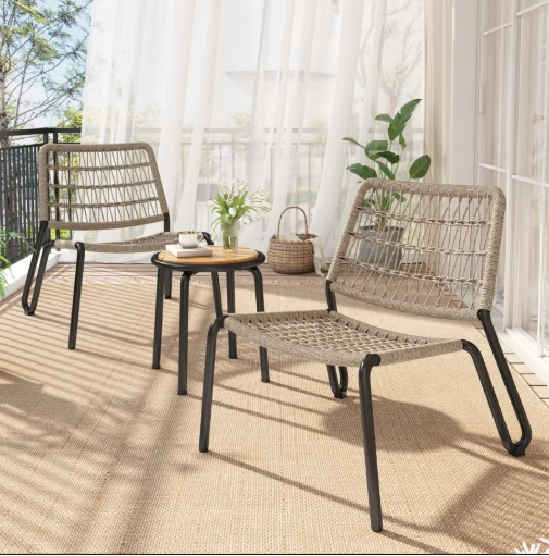 3-delige Bistroset – Stalen Frame, Gevlochten Touw & Acaciahout