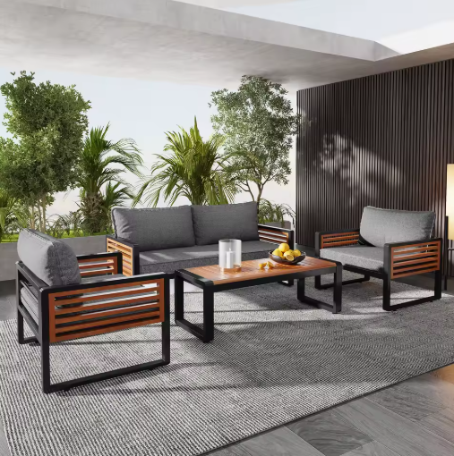 4-delige Tuinloungeset met Acaciahout – Ijzeren Frame & Kussens