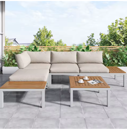 5-persoons Tuinlounge Set – Polyrattan Bank & Tafel met Houtlook