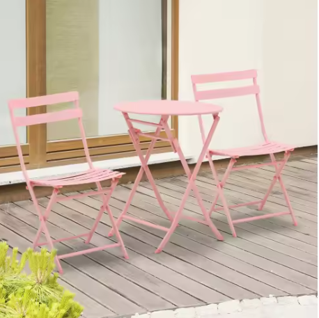 3-delige Bistroset Roze – Opvouwbare Tafel & 2 Stoelen voor Balkon of Tuin