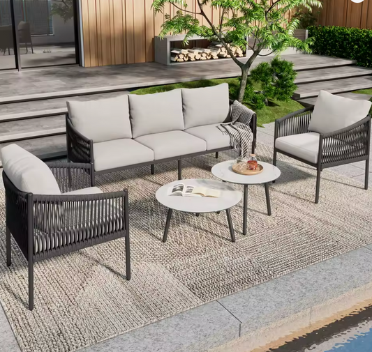 5-delige Tuinloungeset – 3-zitsbank, 2 Fauteuils & 2 Tafels, Gevlochten Touw & Glazen Blad