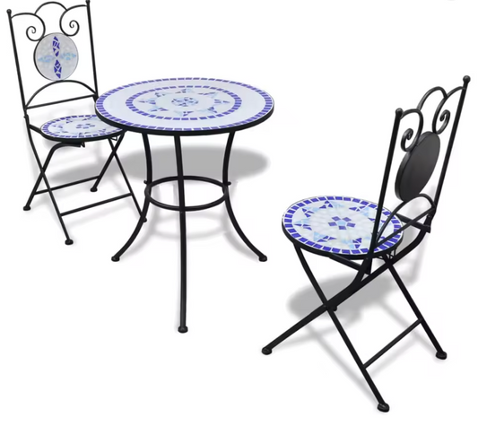 3-delige Bistroset – Keramisch Mozaïek Blauw/Wit Tuinset