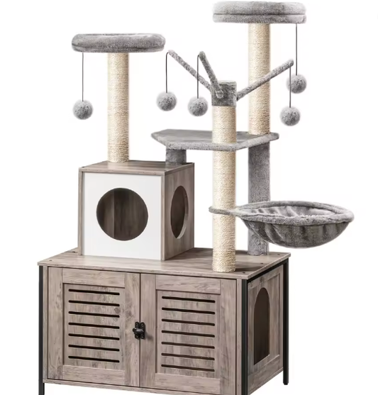 Alles-in-Één Kattenboom – 132 cm Hoog, Met Kattenbak & Hangmat