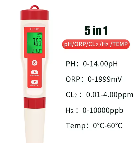 5-in-1 Digitale Waterkwaliteitstester – pH, Chloor, ORP, H2 & Temperatuur