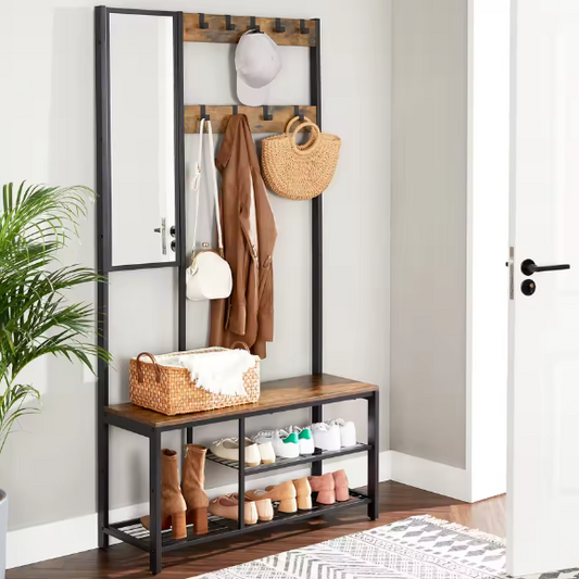 4-in-1 Kapstok met Spiegel, Schoenenrek en Zitbank – Multifunctioneel Halmeubel