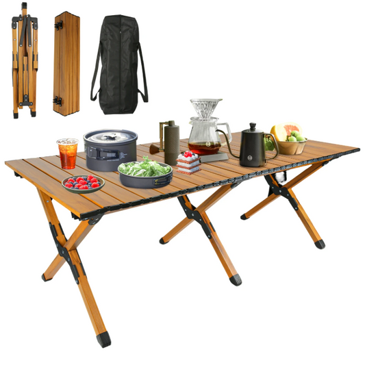 Opvouwbare Campingtafel – Lichtgewicht Aluminium Tafel met Houtlook, Draagbaar en Stevig