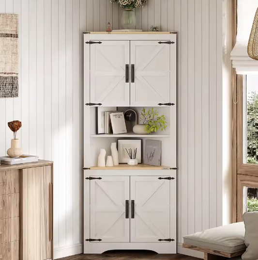 Hoge Hoekkast met Schuifdeur en Verstelbare Planken – Boerderij Opbergkast voor Badkamer en Woonkamer
