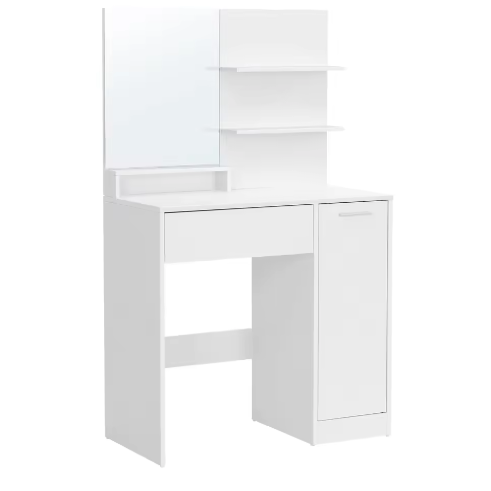 Kaptafel met Spiegel, Opbergvak en 2 Planken – Wit