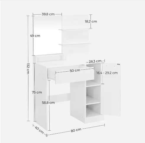 Kaptafel met Spiegel, Opbergvak en 2 Planken – Wit