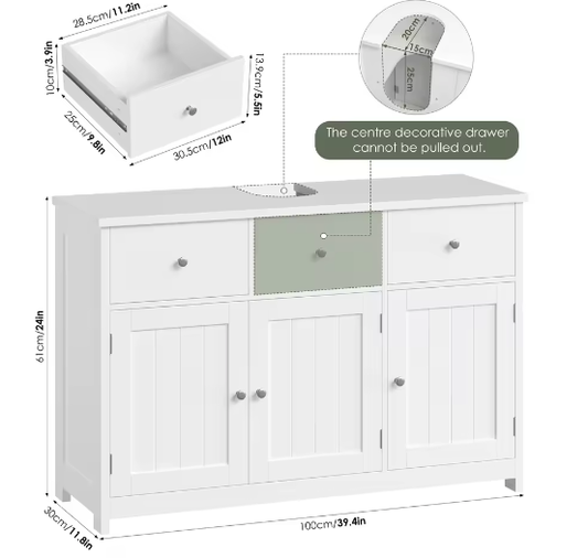 Getone Wastafel Onder Kledingkast – Badkamermeubel met 2 Lades en 3 Deuren, 100x30x61cm