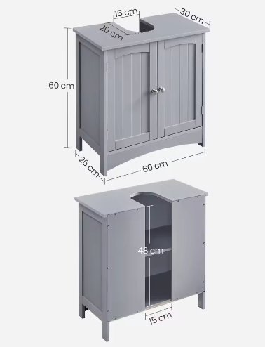 Wastafel Onderkast Badkamer met 2 Deuren en Verstelbare Plank – 30×60×60 cm