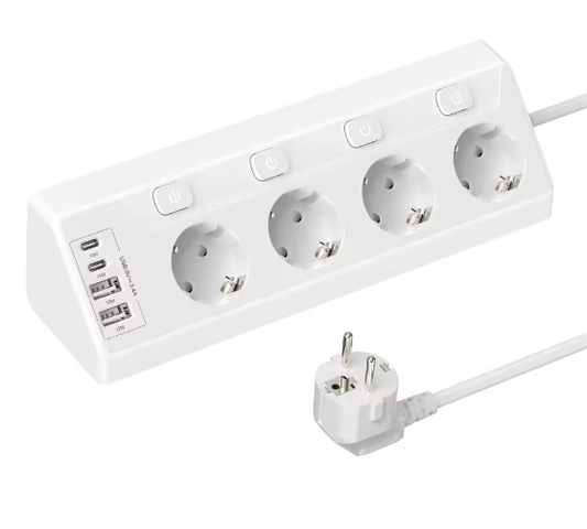 Hoek Stekkerdoos met 4 Stopcontacten en USB-A & USB-C – 2 m Verlengsnoer met Schakelaars voor Thuis en Kantoor