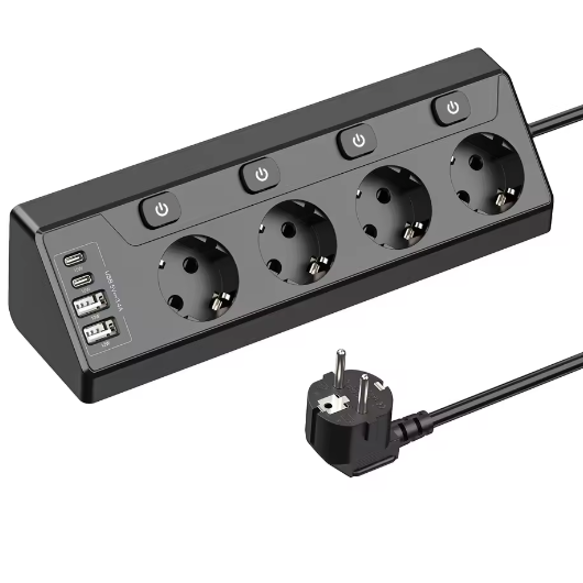 Stekkerdoos met Individuele Schakelaars en USB-A enamp; USB-C – 4 Stopcontacten met 2 m Verlengsnoer voor Bureau en Thuis