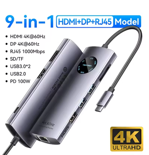 10-in-1 USB-C Hub met 4K 60Hz HDMI, DisplayPort, RJ45 en PD 100W – Multifunctioneel Docking Station