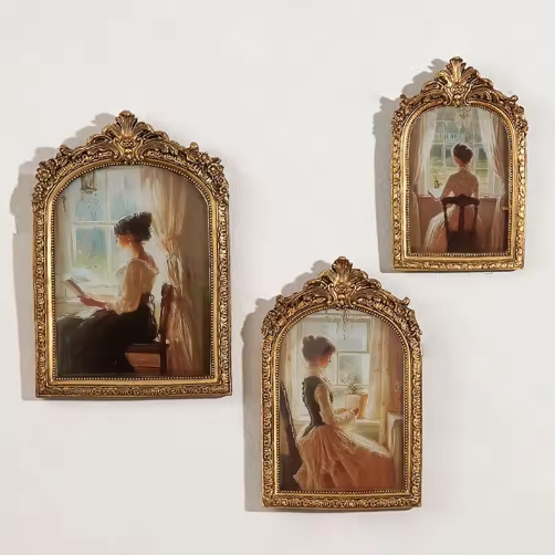 Antieke Boogvormige Fotolijst – Goud Gesneden Reliëf, Klassieke Hars Fotolijst voor Tafel of Muur