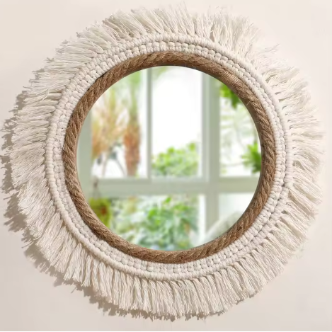 Macramé Spiegel Wanddecoratie – Boho Geweven Muurspiegel met Kwastjes voor Woonkamer en Slaapkamer
