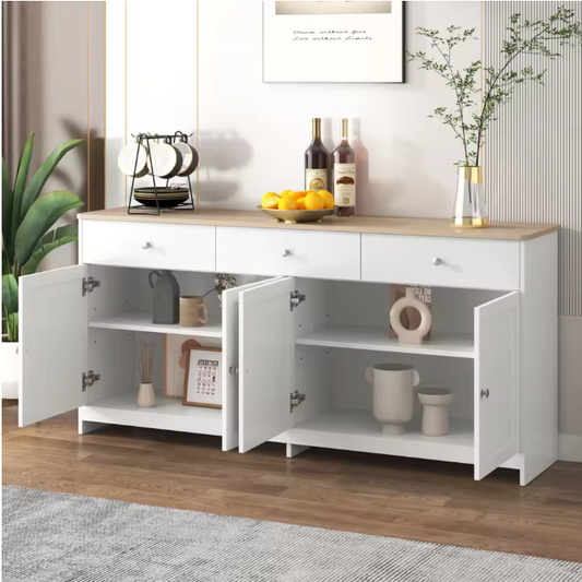 Dressoir met 4 Deuren en 3 Lades – Wit Houtnerf, 160×37×75 cm