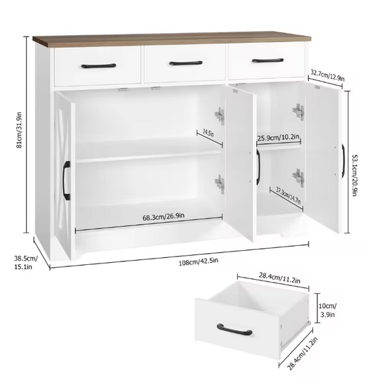 Dressoir met 3 Lades en 3 Deuren – Keukenkast met Werkblad, 108×38.5×81 cm
