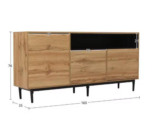 Houten Dressoir met 3 Deuren – Moderne Keukenkast met Planken, 160×35×76 cm
