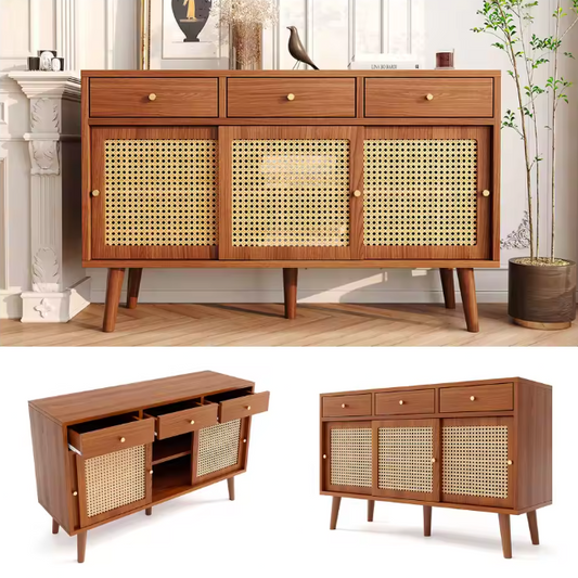 Massief Houten Dressoirkast – 3 Lades, 3 Schuifdeuren en Verstelbare Planken (120×40×78 cm)