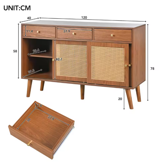 Massief Houten Dressoirkast – 3 Lades, 3 Schuifdeuren en Verstelbare Planken (120×40×78 cm)