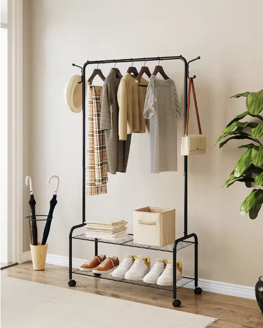 3-in-1 Kledingrek met Plank en Wielen – Met Haken en Dubbele Opbergniveaus