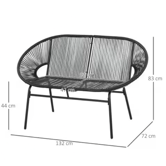 Set van 2 Zwarte Tuinbanken – Stalen Frame & Rotan Vlechtwerk, Weerbestendig & Comfortabel voor 2 Personen