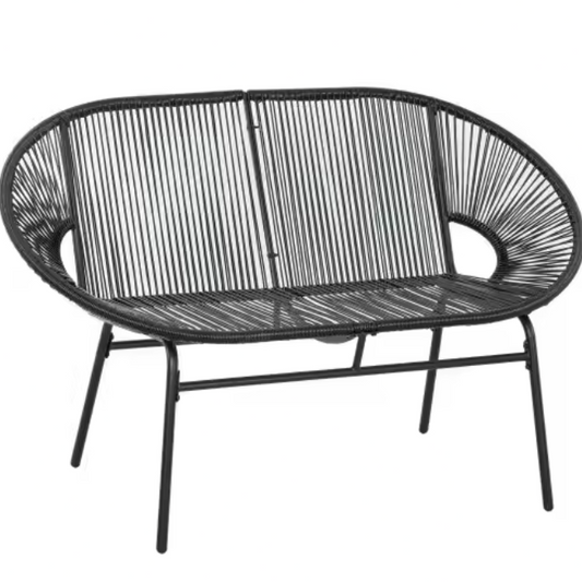 Set van 2 Zwarte Tuinbanken – Stalen Frame & Rotan Look, Comfortabele 2-Zits voor Balkon of Terras