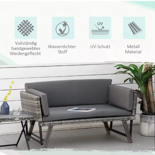 2-Zits Tuinbank met Opklapbare Armleuningen – Staalgrijs Loungebank met Kussens en Rattan Look