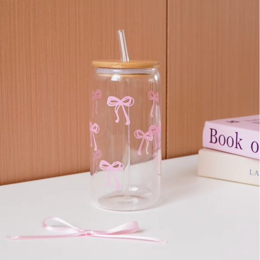 Glazen Beker met Strik Print, Deksel en Rietje – Esthetische Drinkbeker