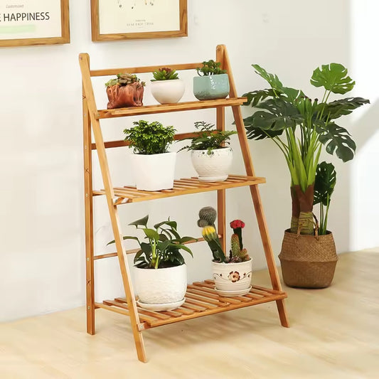Opvouwbare 3-Laags Bamboe Plantenstandaard – Natuurlijk Bamboe – 70 × 38 × 97 cm – Stevig Plantenrek voor Binnen en Buiten
