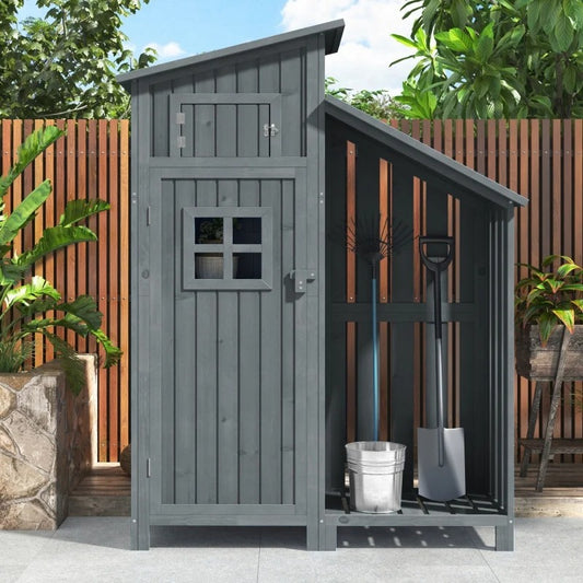 Houten Tuinkast met Dubbele Deuren – 2 Compartimenten – Waterdicht PVC-Dak – 124 × 46 × 174 cm – Grijze Opbergkast voor Tuin en Balkon