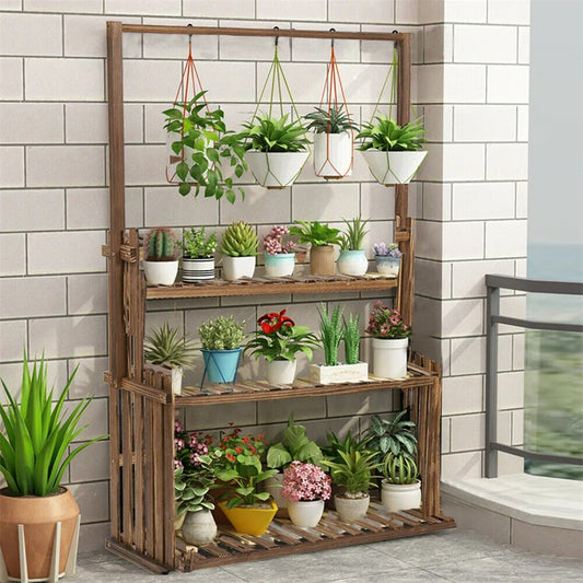 Houten Plantenstandaard met Ophangstang – 3-Laags Plantenrek van Massief Dennenhout – Met Hanggedeelte – Voor Binnen en Buiten