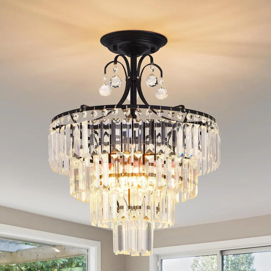Kristallen Ronde Kroonluchter – Zwart Antiek Modern Design met K9 Kristallen – Dimbare Semi-Flush Plafondlamp voor Woonkamer en Eetkamer