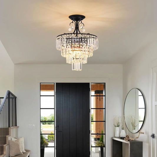 Kristallen Ronde Kroonluchter – Zwart Antiek Modern Design met K9 Kristallen – Dimbare Semi-Flush Plafondlamp voor Woonkamer en Eetkamer