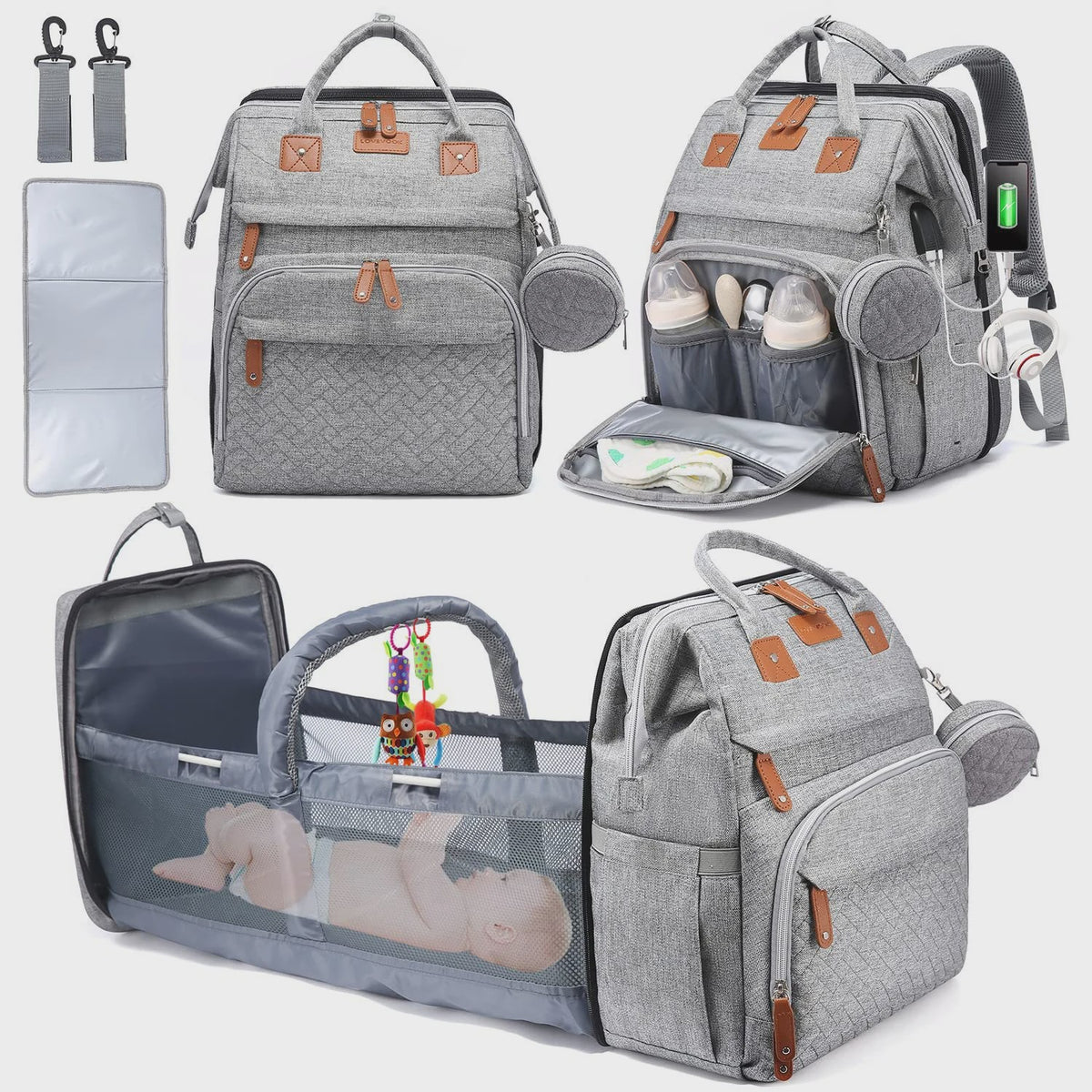 Multifunctionele Luiertas Rugzak met Babybedje, USB-poort en Aankleedkussen - Waterdicht