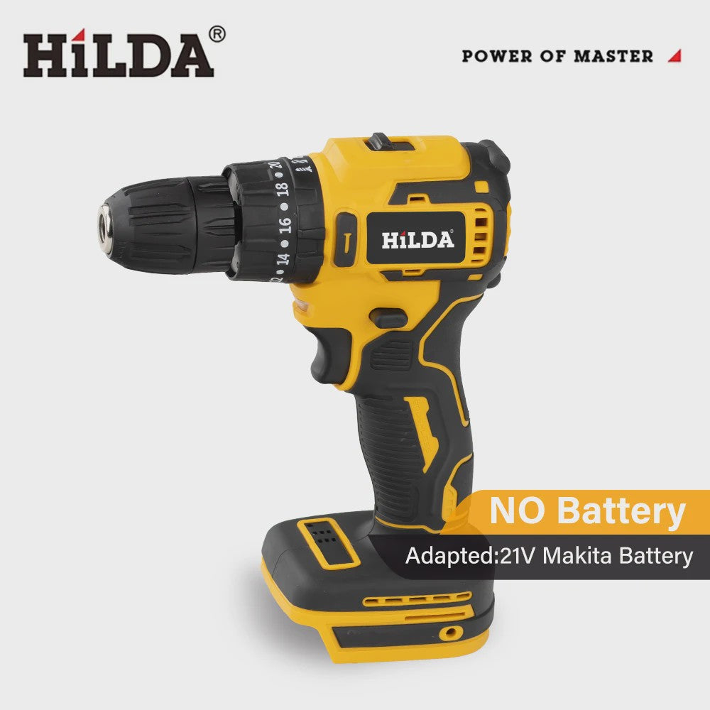 HILDA 21V Accuboormachine - 25+3 Koppelstanden, Draadloos & Makita Compatibel