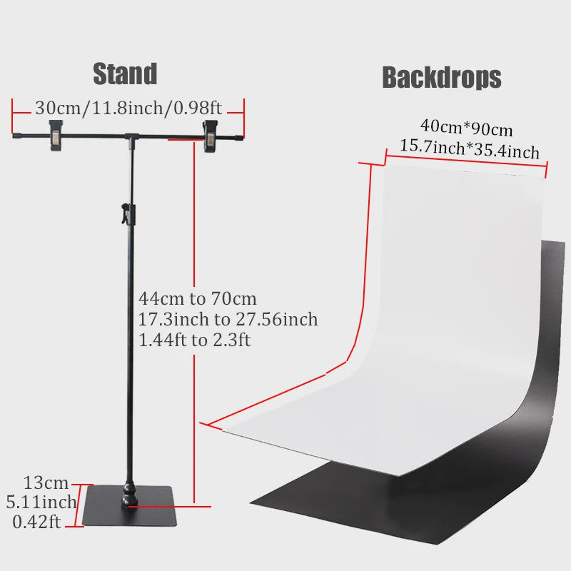 T-vormige Achtergrondstandaard (30cm) met PVC Backdrop voor Productfotografie