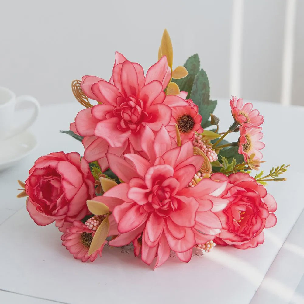 Kunstboeket Dahlia Rozen Madeliefjes - Zijde Bloemen voor Feestelijke Decoratie