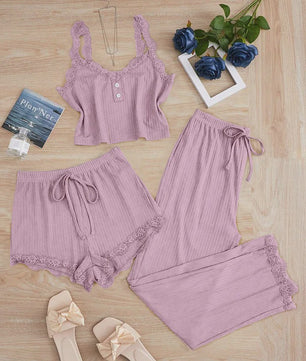 Dames 3-delige Pyjamaset met Kant - Zomer Vest, Shorts & Lange Broek