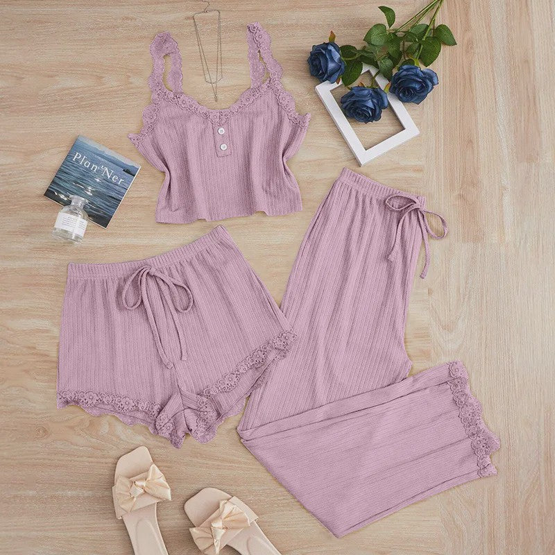 Dames 3-delige Pyjamaset met Kant - Zomer Vest, Shorts & Lange Broek
