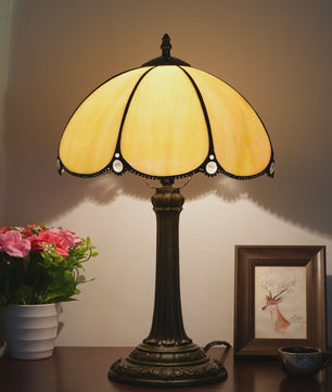 Vintage Gebrandschilderd Glas Tafellamp - Pauwstaart Stijl