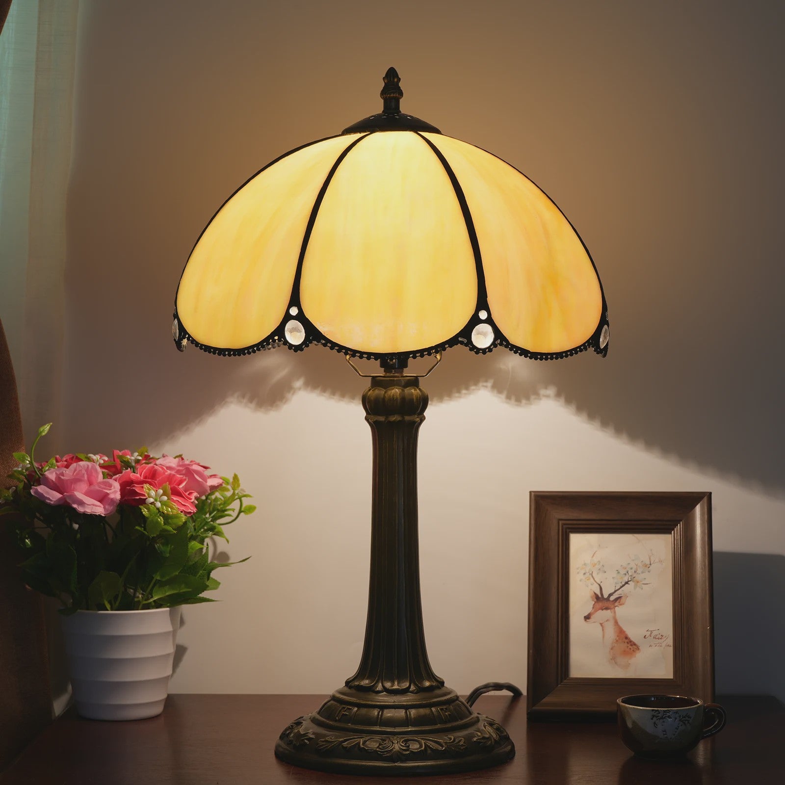 Vintage Gebrandschilderd Glas Tafellamp - Pauwstaart Stijl