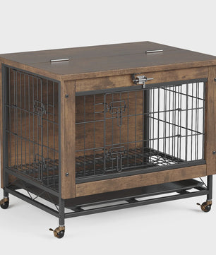 Luxe Houten Hondenkooi Meubel met Dubbele Deuren en Wielen - Afsluitbare Binnen Bench & Tafel voor Kleine/Medium Honden