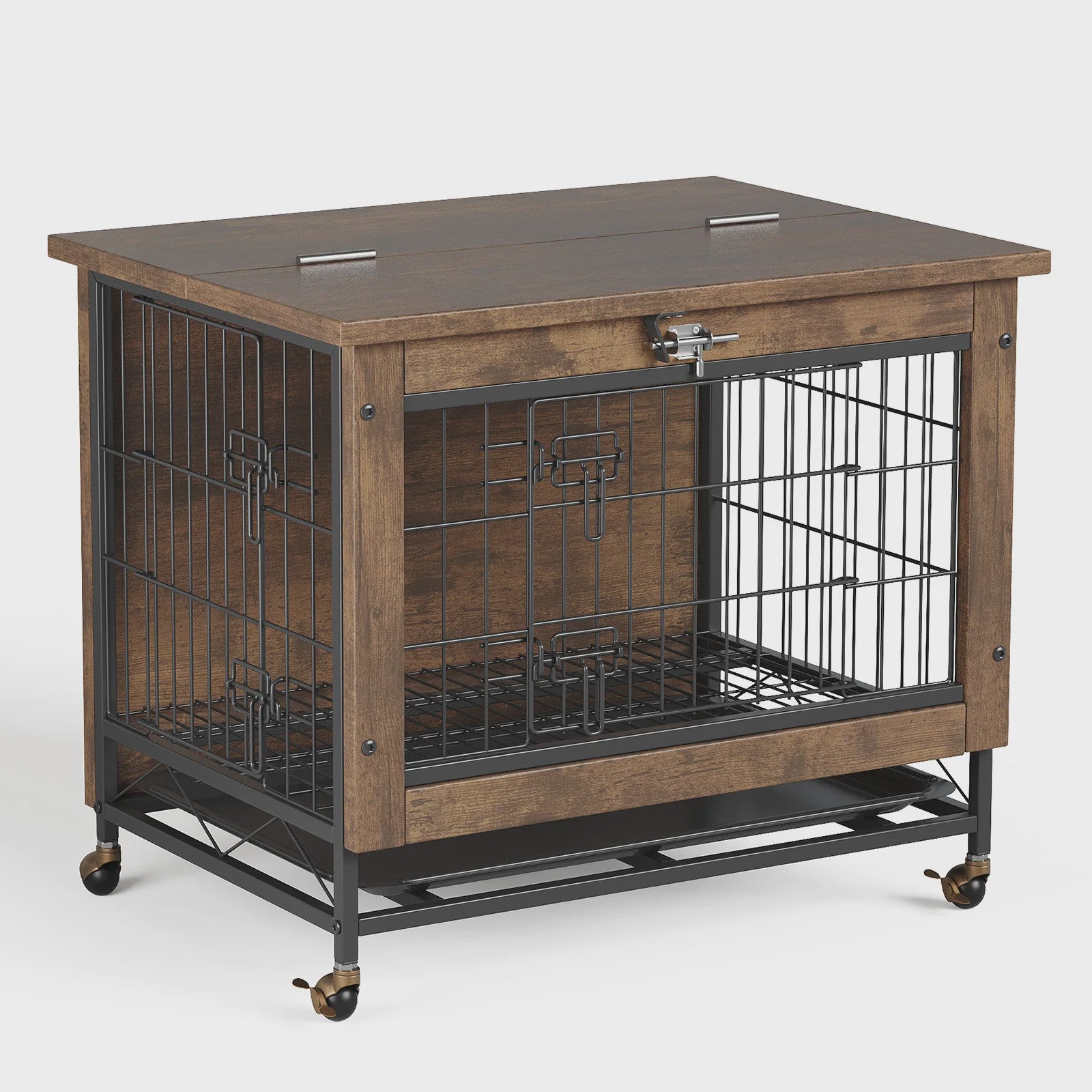 Luxe Houten Hondenkooi Meubel met Dubbele Deuren en Wielen - Afsluitbare Binnen Bench & Tafel voor Kleine/Medium Honden