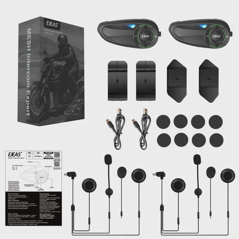 EJEAS Q8 Motorhelm Intercom Systeem - Bluetooth 5.1 Mesh 3.0, APP Bediening
